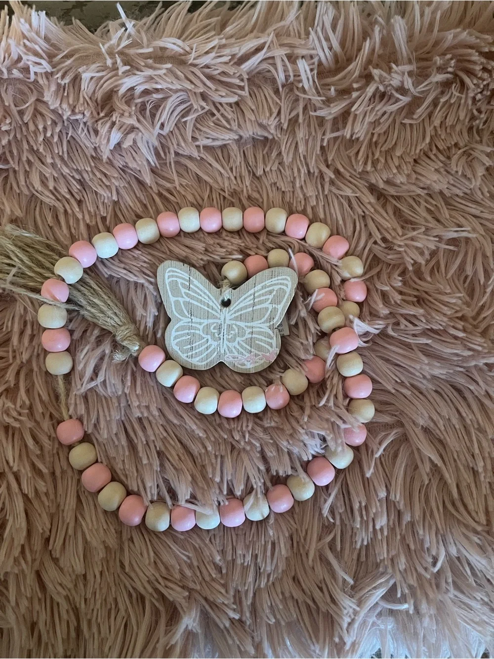 Pink and Natural Butterfly Beaded Necklace with Tassel